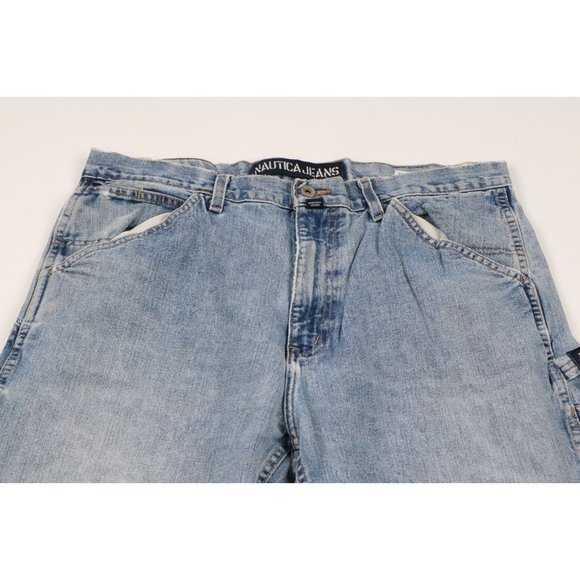 Vintage 90s Nautica Mens 36x32 Distressed Spell Out Wide Leg Baggy Denim Jeans - Picture 2 of 10